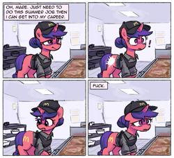 Size: 787x717 | Tagged: safe, artist:plunger, imported from twibooru, oc, oc only, pony, unicorn, /mlp/, 4 panel comic, 4chan, cap, clothes, comic, cutie mark, dialogue, drawthread, female, grill, hair bun, hat, horn, image, kitchen, lidded eyes, mare, mcdonald's, png, solo, uniform