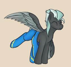 Size: 1388x1312 | Tagged: safe, artist:ahorseofcourse, thunderlane, pegasus, pony, beige background, clothes, eyes closed, female, lightningroad, mare, rule 63, simple background, solo, spread wings, two toned wings, uniform, wings, wonderbolts uniform