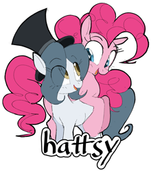 Size: 1725x1959 | Tagged: safe, artist:hattsy, pinkie pie, oc, oc:hattsy, earth pony, pony, canon x oc, duo, female, hat, heart eyes, looking at each other, mare, open mouth, simple background, top hat, white background, wingding eyes