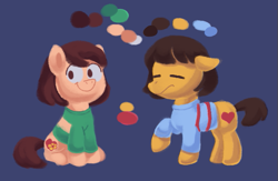 Size: 601x393 | Tagged: safe, artist:superkirbylover, imported from derpibooru, pony, chara, clothes, color palette, duo, frisk, ponified, raised hoof, sitting, sweater, undertale