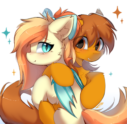 Size: 4808x4720 | Tagged: safe, artist:lunylin, artist:lunylinl, imported from derpibooru, oc, oc only, oc:sunshine drift, oc:zip circuit, bat pony, earth pony, pony, absurd resolution, bat pony oc, bat wings, bow, chest fluff, cute, duo, duo male and female, ear fluff, earth pony oc, eye clipping through hair, eyebrows, eyebrows visible through hair, female, hair bow, hug, looking at you, male, mare, ocbetes, simple background, slit pupils, smiling, smiling at you, sparkles, stallion, white background, wings