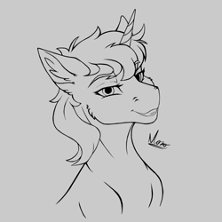 Size: 1217x1217 | Tagged: safe, artist:monolith_skyline, imported from derpibooru, oc, oc:sweet steel, pony, unicorn, black and white, eyebrows, female, grayscale, lidded eyes, lineart, looking at you, mare, monochrome, simple background, smiling