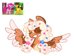 Size: 1280x977 | Tagged: safe, artist:snansswap, imported from derpibooru, screencap, cheese sandwich, pinkie pie, oc, earth pony, pegasus, pony, accessory, bust, coat markings, colored ears, colored wings, colored wingtips, eyes closed, female, flower, flower in hair, grin, hair accessory, heart, male, mare, messy mane, multicolored hair, multicolored mane, multicolored wings, offspring, parent:cheese sandwich, parent:pinkie pie, parents:cheesepie, pegasus oc, pigtails, screencap reference, ship:cheesepie, shipping, simple background, smiling, spread wings, stars, straight, transparent background, twintails, wings