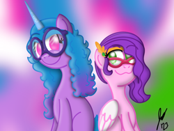 Size: 2160x1620 | Tagged: safe, artist:jesslmc16, imported from derpibooru, izzy moonbow, pipp petals, pegasus, unicorn, adorapipp, background, colored, cute, digital art, duo, duo female, female, g5, glasses, headband, horn, izzybetes, looking at each other, looking at someone, mare, signature, sitting, smiling, smiling at each other, smol, wings