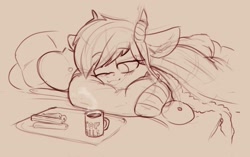 Size: 2048x1286 | Tagged: safe, artist:yoditax, imported from twibooru, oc, oc only, demon, demon pony, original species, bed, blanket, churros, clothes, female, floppy ears, food, image, monochrome, mug, needs more jpeg, one eye closed, pillow, sick, socks, solo