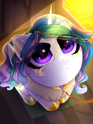 Size: 1500x2000 | Tagged: safe, artist:taiweiart, imported from derpibooru, princess celestia, alicorn, pony, behaving like a dog, chibi, cute, cutelestia, female, heart, heart eyes, indoors, leash, mare, pony pet, solo, wingding eyes