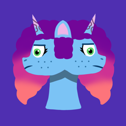 Size: 1234x1234 | Tagged: safe, artist:iarmista, imported from derpibooru, pony, unicorn, female, freckles, g5, horn, janus, mare, misty brightdawn, multiple heads, neck, purple background, rebirth misty, simple background, solo, two heads