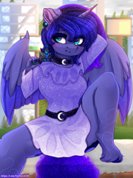 Size: 2025x2700 | Tagged: safe, alternate version, artist:taiweiart, imported from derpibooru, princess luna, alicorn, anthro, unguligrade anthro, alternate hairstyle, arm behind head, belt, blushing, both cutie marks, breasts, busty princess luna, clothes, collar, cute, diadem, dock, dress, ear fluff, ear piercing, earring, ethereal mane, female, holding, hooves, jewelry, looking at you, lunabetes, multiple variants, piercing, regalia, solo, spread legs, spread wings, spreading, starry mane, tail, unshorn fetlocks, wings