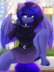 Size: 2025x2700 | Tagged: safe, alternate version, artist:taiweiart, imported from derpibooru, princess luna, alicorn, anthro, unguligrade anthro, alternate hairstyle, arm behind head, belt, blushing, both cutie marks, breasts, busty princess luna, clothes, collar, cute, diadem, dock, dress, ear fluff, ear piercing, earring, ethereal mane, female, holding, hooves, jewelry, looking at you, lunabetes, multiple variants, piercing, regalia, solo, spread legs, spread wings, spreading, starry mane, tail, unshorn fetlocks, wings