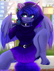 Size: 2025x2700 | Tagged: safe, alternate version, artist:taiweiart, imported from derpibooru, princess luna, alicorn, anthro, unguligrade anthro, alternate hairstyle, arm behind head, belt, blushing, both cutie marks, breasts, busty princess luna, clothes, collar, cute, diadem, dock, dress, ear fluff, ear piercing, earring, ethereal mane, female, holding, hooves, jewelry, looking at you, lunabetes, multiple variants, piercing, regalia, solo, spread legs, spread wings, spreading, starry mane, tail, unshorn fetlocks, wings