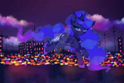 Size: 1600x1067 | Tagged: safe, artist:halcyondrop, imported from derpibooru, princess luna, alicorn, pony, building, deviantart watermark, diadem, ear fluff, female, folded wings, full body, jewelry, jumping, looking at you, mare, obtrusive watermark, outdoors, regalia, solo, watermark, wings