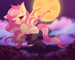 Size: 1024x820 | Tagged: safe, artist:halcyondrop, imported from derpibooru, fluttershy, bat pony, pony, clothes, cloud, deviantart watermark, ear fluff, female, flying, full body, mare, obtrusive watermark, one eye closed, outdoors, socks, solo, spread wings, stockings, thigh highs, watermark, wings