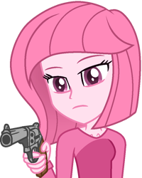 Size: 698x872 | Tagged: safe, artist:tanahgrogot, artist:yaya54320bases, imported from derpibooru, oc, oc only, oc:annisa trihapsari, human, equestria girls, badass, badass adorable, base used, clothes, cute, female, gun, ibispaint x, pink eyes, pink hair, pink skin, simple background, solo, transparent background, unamused, weapon