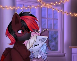 Size: 2047x1626 | Tagged: safe, artist:freyamilk, imported from derpibooru, oc, oc:blazey sketch, oc:lazr, pegasus, bedroom, bow, clothes, duo, fairy lights, hair bow, long hair, mask, multicolored hair, night, pegasus oc, simple background, sleeping, sweater, wings