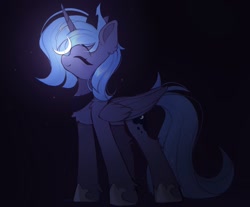 Size: 1024x846 | Tagged: safe, artist:lerkfruitbat, imported from derpibooru, princess luna, alicorn, pony, ^^, balancing, chest fluff, crescent moon, cute, eyebrows, eyebrows visible through hair, eyes closed, female, folded wings, g4, hoof shoes, horn, leg fluff, lunabetes, mare, moon, peytral, ponies balancing stuff on their nose, princess shoes, smiling, solo, tangible heavenly object, wings