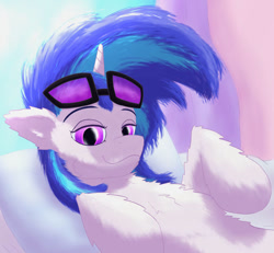 Size: 828x764 | Tagged: safe, artist:gosha305, imported from derpibooru, dj pon-3, vinyl scratch, pony, unicorn, bed, bust, cheek fluff, chest fluff, curtains, ear fluff, female, horn, lidded eyes, looking at you, lying down, multicolored hair, on back, pillow, portrait, smiling, smiling at you, solo, sunglasses, sunglasses on head