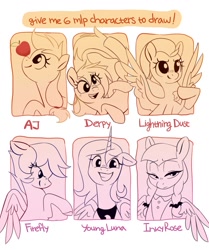 Size: 1071x1280 | Tagged: safe, artist:anotherdeadrat, imported from derpibooru, applejack, derpy hooves, firefly, inky rose, lightning dust, princess luna, alicorn, earth pony, pegasus, pony, six fanarts, apple, food, g1, goth, grin, partial color, s1 luna, smiling, twin braids