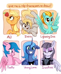 Size: 1715x2048 | Tagged: safe, alternate version, artist:anotherdeadrat, imported from derpibooru, applejack, derpy hooves, firefly, inky rose, lightning dust, princess luna, alicorn, earth pony, pegasus, pony, six fanarts, apple, eyeshadow, food, g1, goth, grin, makeup, s1 luna, smiling, twin braids