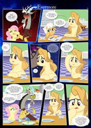 Size: 3259x4607 | Tagged: safe, artist:estories, imported from derpibooru, discord, fluttershy, oc, oc:alice goldenfeather, oc:fable, draconequus, pegasus, pony, comic:nevermore, alternate hairstyle, cup, kitchen, mouth hold, newspaper, speech bubble, teacup