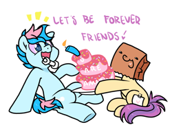 Size: 1260x1000 | Tagged: safe, artist:paperbagpony, imported from derpibooru, oc, oc:blue chewings, oc:paper bag, cake, candle, chew toy, fake cutie mark, food, simple background, sprinkles, white background