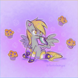 Size: 1080x1080 | Tagged: safe, artist:flutterberrypie, imported from derpibooru, derpy hooves, pegasus, pony, aromantic pride flag, clothes, cute, derpabetes, food, g4, mouth hold, muffin, no pupils, nonbinary, nonbinary pride flag, pride, pride flag, raised hoof, signature, sitting, smiling, socks, solo, spread wings, striped socks, wings