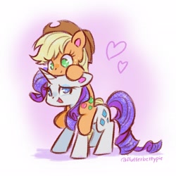 Size: 2048x2048 | Tagged: safe, artist:flutterberrypie, imported from derpibooru, applejack, rarity, earth pony, pony, unicorn, applejack riding rarity, applejack's hat, colored pinnae, cowboy hat, cute, duo, duo female, female, floating heart, freckles, g4, hat, heart, high res, horn, jackabetes, lesbian, mare, no pupils, open mouth, ponies riding ponies, raribetes, rarijack, riding, shipping, signature, sparkles