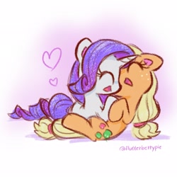 Size: 2048x2048 | Tagged: safe, artist:flutterberrypie, imported from derpibooru, applejack, rarity, earth pony, pony, unicorn, colored pinnae, cute, duo, duo female, eyes closed, female, floating heart, freckles, g4, hatless, heart, high res, horn, jackabetes, lesbian, mare, missing accessory, open mouth, open smile, raribetes, rarijack, shipping, signature, smiling, sparkles