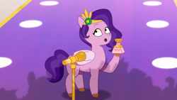 Size: 3072x1727 | Tagged: safe, imported from derpibooru, screencap, pipp petals, pegasus, pony, spoiler:g5, spoiler:my little pony: tell your tale, spoiler:tyts01e60, :o, female, g5, mane melody (location), mare, microphone, microphone stand, my little pony: tell your tale, open mouth, perfume, scents of adventure, solo