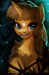 Size: 1500x2312 | Tagged: safe, artist:hierozaki, imported from derpibooru, oc, oc only, oc:ayza, pony, unicorn, backlighting, chest fluff, coat markings, facial markings, female, half body, horn, looking at you, mare, night, open mouth, open smile, smiling, smiling at you, solo, star (coat marking), star mark, stars, unicorn oc