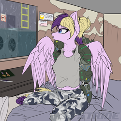Size: 4000x4000 | Tagged: safe, artist:shade stride, imported from derpibooru, oc, oc:heluva breeze, anthro, cyborg, pegasus, bed, breasts, clothes, complex background, female, interior, mare, nighthaze, rain, reasonably sized breasts, sitting, solo, watermark, wings