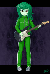 Size: 675x1000 | Tagged: safe, artist:uotapo, imported from derpibooru, wallflower blush, human, equestria girls, equestria girls series, bocchi the rock!, clothes, cosplay, costume, electric guitar, female, guitar, musical instrument, nervous sweat, solo, tracksuit