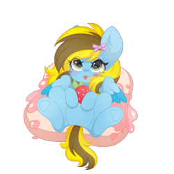 Size: 2000x2000 | Tagged: safe, artist:yomechka, imported from derpibooru, oc, oc only, oc:lucky bolt, pegasus, :p, blushing, bow, bread, cute, female, food, green eyes, hair bow, looking up, lying down, mare, pegasus oc, simple background, strawberry, strawberry jam, toast, tongue out, transparent background, wings