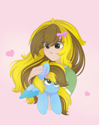 Size: 2513x3181 | Tagged: safe, artist:yomechka, imported from derpibooru, oc, oc only, oc:lucky bolt, human, pegasus, pony, bow, cute, female, hair bow, hair over one eye, heart, holding a pony, humanized, long hair, long mane, looking up, love, mare, pegasus oc, pet, petting, wings