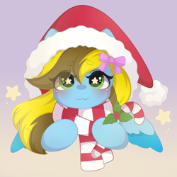 Size: 2000x2000 | Tagged: safe, artist:yomechka, imported from derpibooru, oc, oc only, oc:lucky bolt, pegasus, bow, candy, candy cane, christmas, clothes, cute, female, food, gradient background, green eyes, hair bow, hair over one eye, hat, holiday, looking at you, mare, mistletoe, pegasus oc, santa hat, scarf, smiling, smiling at you, solo, starry eyes, wingding eyes, wings
