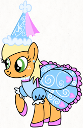 Size: 676x1038 | Tagged: safe, imported from derpibooru, applejack, earth pony, pony, clothes, drawing, dress, ear piercing, froufrou glittery lacy outfit, jewelry, necklace, piercing, princess, princess applejack, puffy sleeves, shoes, smiling