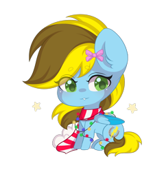 Size: 1448x1496 | Tagged: safe, artist:yomechka, imported from derpibooru, oc, oc only, oc:lucky bolt, pegasus, bow, christmas, christmas lights, clothes, cute, female, folded wings, green eyes, hair bow, happy, holiday, mare, pegasus oc, scarf, simple background, sitting, smiling, string lights, striped scarf, transparent background, wings