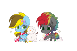 Size: 3167x2076 | Tagged: safe, artist:yomechka, imported from derpibooru, oc, oc only, oc:lucky bolt, oc:sliding bolt, pegasus, bow, christmas, christmas lights, clothes, duo, female, green eyes, hair bow, holiday, male, male and female, mare, multicolored hair, pegasus oc, playing, running, scarf, simple background, sitting, snow, snowfall, snowman, string lights, striped scarf, transparent background, wings