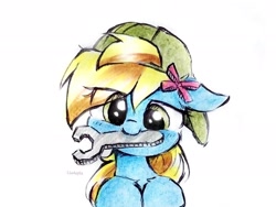 Size: 2047x1536 | Tagged: safe, artist:liaaqila, imported from derpibooru, oc, oc only, oc:lucky bolt, pegasus, pony, backwards ballcap, baseball cap, bow, bust, cap, cute, female, green eyes, hair bow, hair over one eye, hat, looking at you, mare, mechanic, mouth hold, pegasus oc, simple background, solo, traditional art, white background, wings, wrench