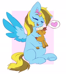 Size: 1843x2048 | Tagged: safe, artist:cheekipone, imported from derpibooru, oc, oc only, oc:comet thunder, oc:lucky bolt, earth pony, pegasus, pony, bow, earth pony oc, eyes closed, female, hair bow, happy, hat, heart, holding a pony, hug, male, mare, passepartout, pegasus oc, plushie, sitting, spread wings, wings