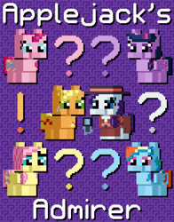 Size: 1200x1530 | Tagged: safe, artist:silk-rose, imported from derpibooru, applejack, fluttershy, pinkie pie, rainbow dash, rarity, twilight sparkle, alicorn, detective rarity, drop shadow, exclamation point, hat, magic, magnifying glass, mane six, pixel art, question mark, telekinesis, text, tiled background, twilight sparkle (alicorn), upscaled