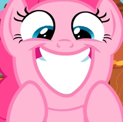 Size: 485x484 | Tagged: safe, imported from derpibooru, screencap, pinkie pie, earth pony, pegasus, pony, big smile, episode needed, female, grin, looking down, mare, official, smiling, solo