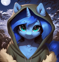 Size: 1536x1600 | Tagged: safe, imported from derpibooru, princess luna, alicorn, anthro, ai content, ai generated, bust, cheek fluff, chest fluff, clothes, cute, ear fluff, female, full moon, generator:purplesmart.ai, generator:stable diffusion, hood, hoodie, looking at you, lunabetes, mare, moon, night, night sky, outdoors, portrait, prompter:nightluna, sky, smiling, smiling at you, solo