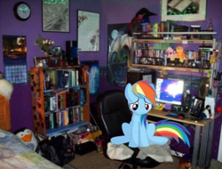 Size: 400x304 | Tagged: safe, edit, imported from derpibooru, rainbow dash, pegasus, pony, computer, real life background, room, sad, solo