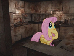 Size: 564x423 | Tagged: safe, edit, imported from derpibooru, fluttershy, pegasus, pony, contrast, female, looking at something, mare, silent hill, silent hill 4, solo, thinking