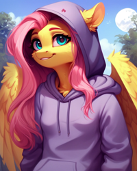 Size: 768x960 | Tagged: safe, imported from derpibooru, fluttershy, anthro, pegasus, ai content, ai generated, breasts, cheek fluff, chest fluff, clothes, cute, ear fluff, female, generator:purplesmart.ai, generator:stable diffusion, hood, hoodie, mare, moon, outdoors, prompter:nightluna, reasonably sized breasts, shyabetes, sky, smiling, solo, the quality of ai art is frightening, tree, wings