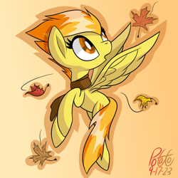Size: 2000x2000 | Tagged: safe, artist:notadeliciouspotato, imported from derpibooru, spitfire, pegasus, pony, autumn, clothes, female, flying, gradient background, high res, leaves, mare, open mouth, scarf, signature, solo, spread wings, wings