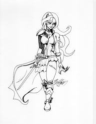 Size: 773x1000 | Tagged: safe, artist:masterdarhil, imported from derpibooru, sunset shimmer, equestria girls, daydream shimmer, fanfic art, ink drawing, looking away, sword, traditional art, wavy hair, weapon