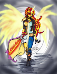 Size: 773x1000 | Tagged: safe, artist:masterdarhil, imported from derpibooru, sunset shimmer, equestria girls, crown, daydream shimmer, fanfic art, fiery wings, flaming sword, jewelry, looking away, marker drawing, mixed media, ponied up, regalia, traditional art, wavy hair, wings