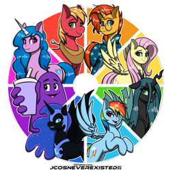 Size: 4093x4093 | Tagged: safe, artist:jcosneverexisted, imported from derpibooru, big macintosh, fluttershy, izzy moonbow, nightmare moon, queen chrysalis, rainbow dash, sunburst, changeling, pegasus, pony, unicorn, clothes, color wheel, color wheel challenge, female, g5, grimace, looking at you, male, mare, one of these things is not like the others, stallion