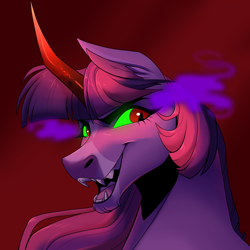 Size: 2000x2000 | Tagged: safe, artist:uunicornicc, imported from derpibooru, twilight sparkle, pony, colored horn, curved horn, fangs, horn, looking at you, sharp teeth, solo, sombra eyes, sombra horn, teeth